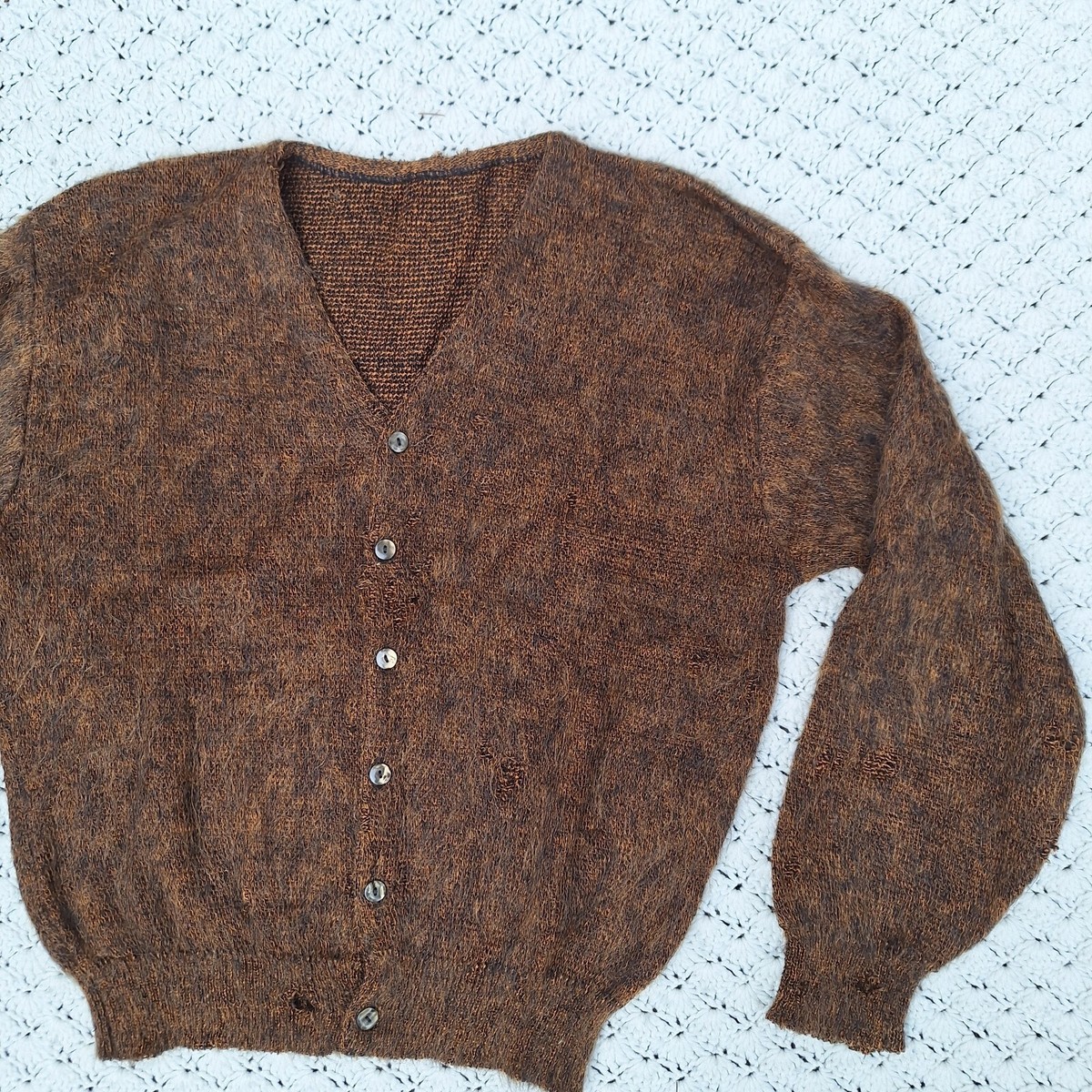 Vtg Mohair Orlon Acrylic Blend Mens Cardigan Sweater Brown - Large 