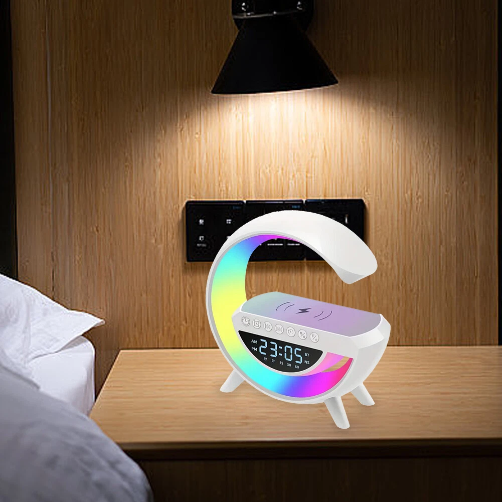 Desk lamp with wireless charger and clock outlet