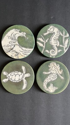 4 Raku Pottery Ocean Themed  Coasters Signed by Jeremy Diller Turtle Seahorse