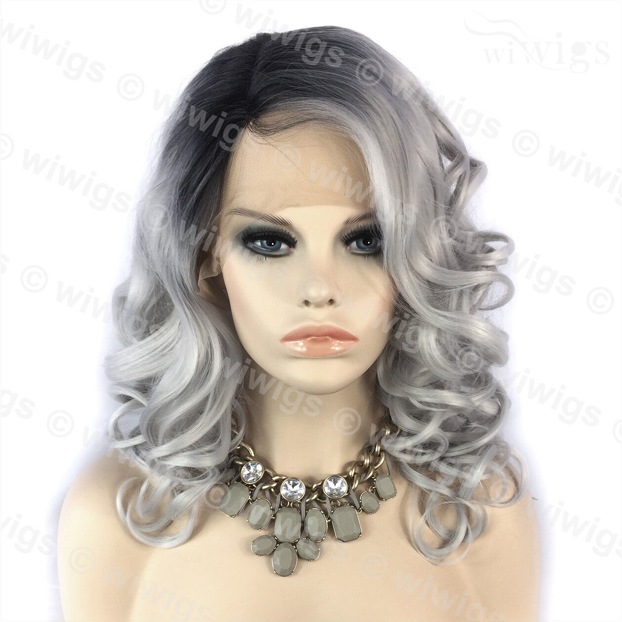 Details Zu Wiwigs Ombre 2 Tones Lace Front Wig Curly Dark Roots Long Silver Grey Hair