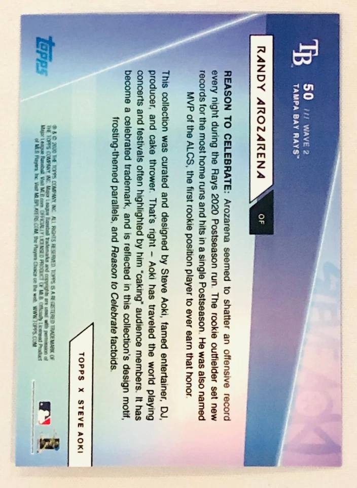 Randy Arozarena 2020 Topps X Steve Aoki Baseball ROOKIE NM-MT RC #50 - Image 2 of 2