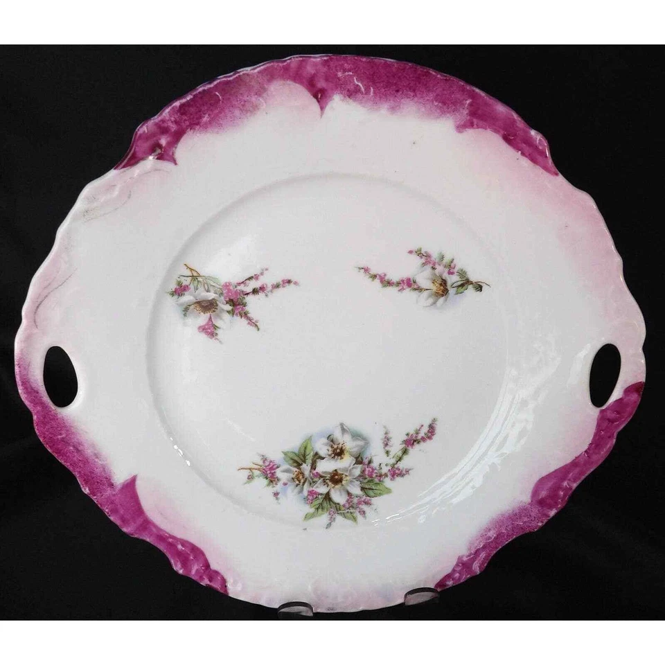 Plato de pastel con mango de porcelana Royal Nurnberg bávaro rosa/blanco, motivo floral Foto 2 de 3