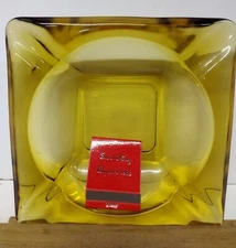 Large Gold Glass Square Cigar/Cigarette Ash Tray, About 6"sq with free matches