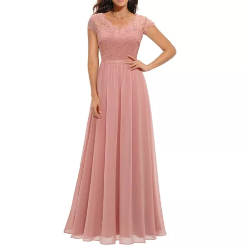 Schickes Damen Spitze Maxi Chiffon Brautjungfer formell Abschlussball Abend Hochzeit Party Kleid - Bild 24 von 34