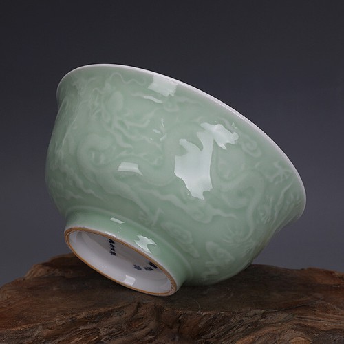 5.9 pulgadas chino celadón esmalte grabado dragón diseño cuenco regalo Shanghai - Imagen 7 de 8