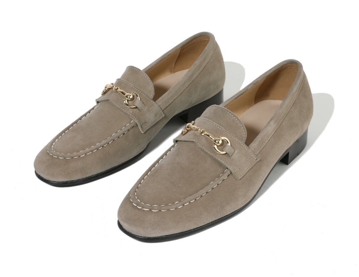 Firenze Atelier Men's Beige Suede Horse Bit Loafers Penny Loafers
