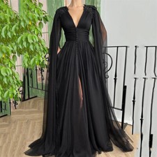 Black Cape Floor Length Prom Dresses Sexey Evening Gowns Princess Tulle A-line