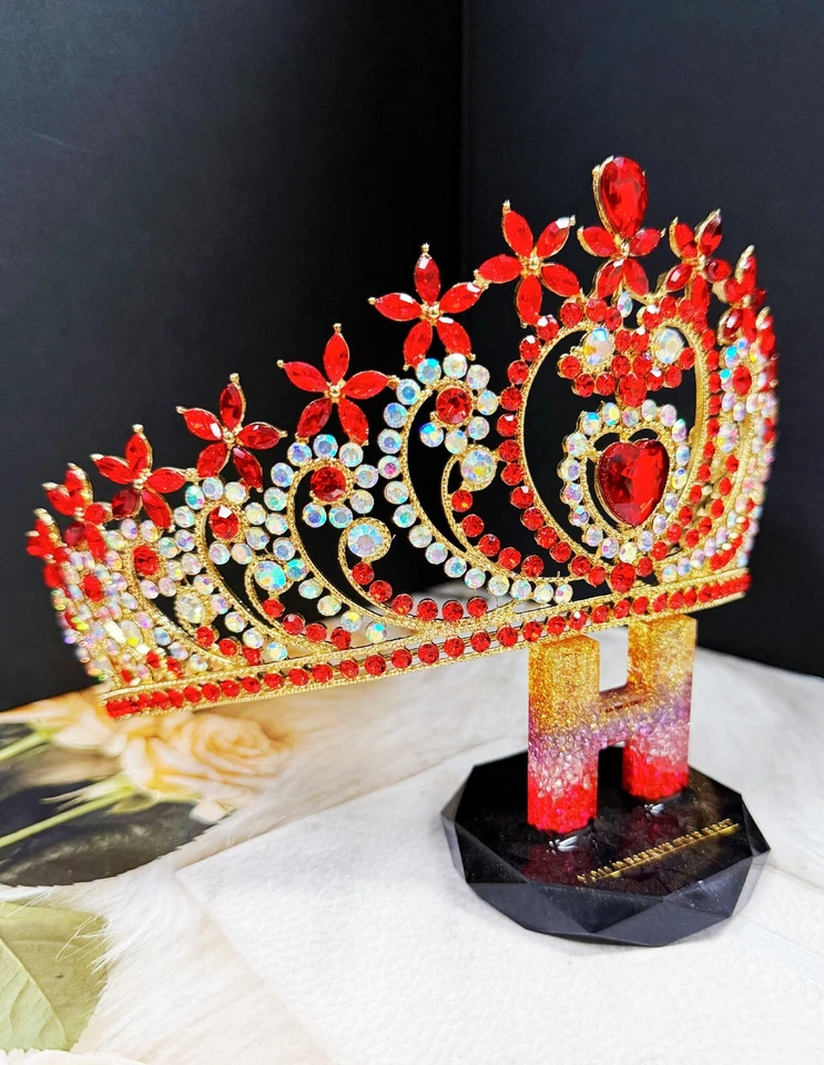 Tiara corazón cristal, tiara dorada, tiara piedra roja, tiara nupcial, corona cumpleaños Foto 4 de 4