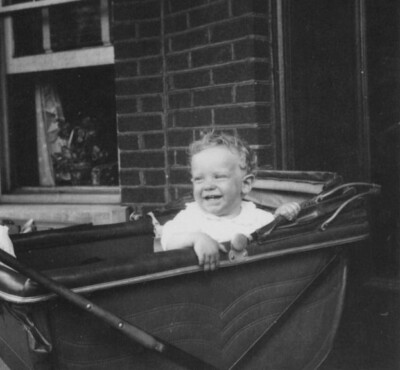 1940s Baby Boy Smiling Happy Childhood Baby Stroller Carriage