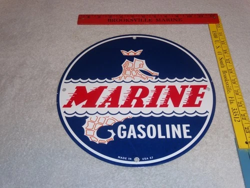 VINTAGE 1957 MARINE GASOLINE FOR EVINRUDE & JOHNSON OUTBOARD BOAT PORCELAIN SIGN