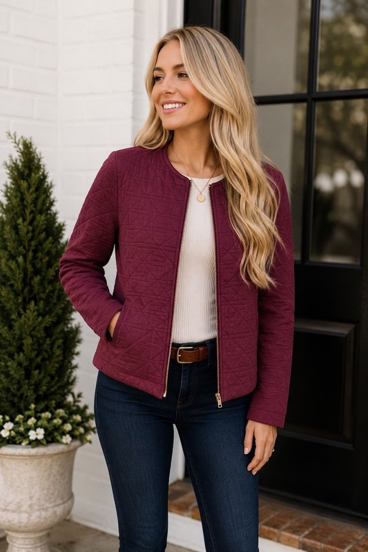 Bagatelle Collection Women’s Quilted Full Zip Jacket w/ Pockets Purple/Maroon M