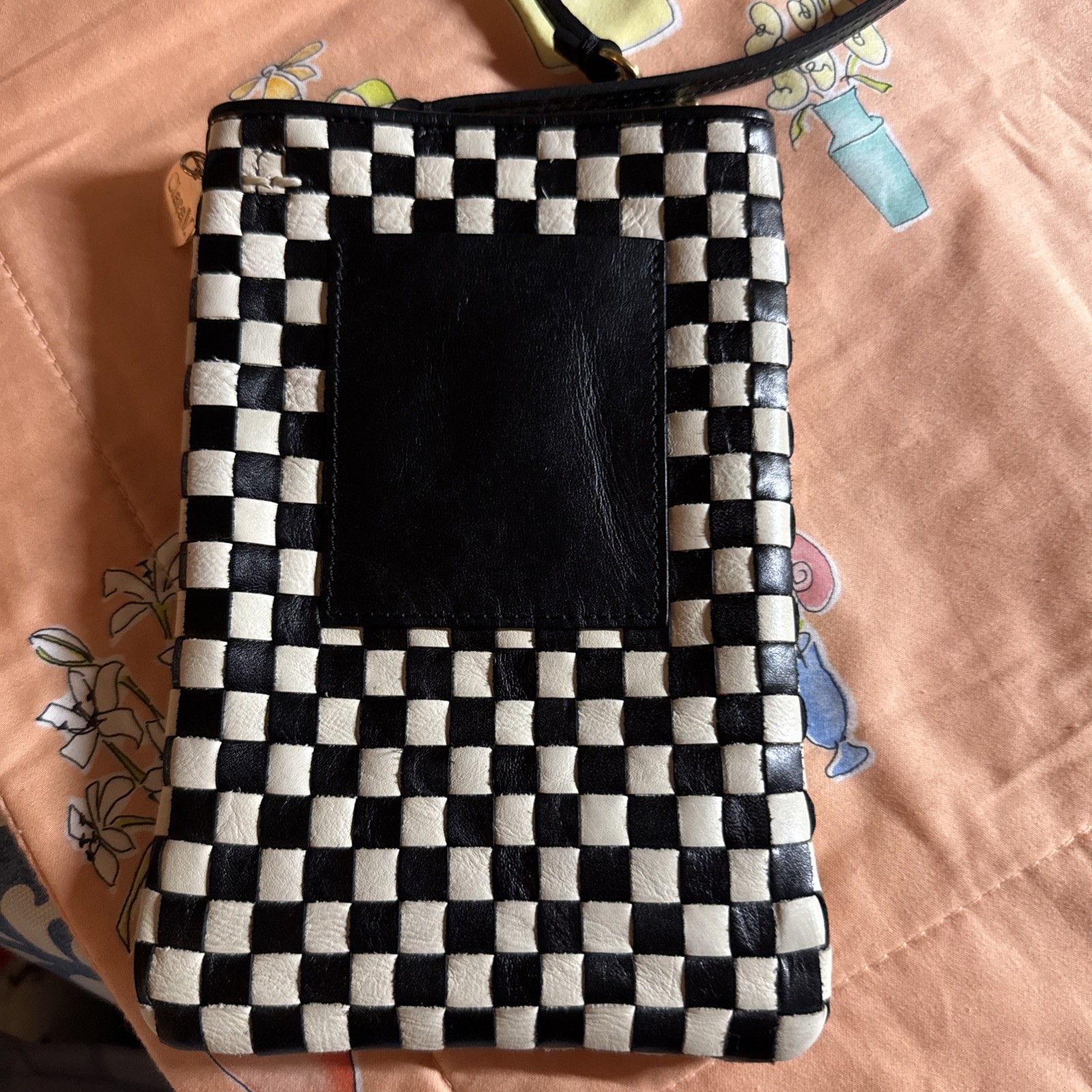 NWOT Clare V Poche Woven Crossbody Bag Checker Black White Phone Holder Purse