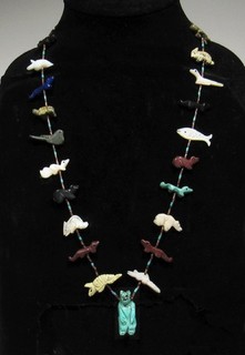 Old SIGNED Zuni NATURAL Turquoise Grizzly Bear Pendant Fox Fetish Necklace 25"