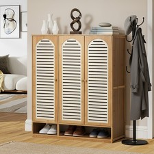 Oikiture Shoe Storage Cabinet 3 Doors Bamboo Shoe Organiser Shelf Beige