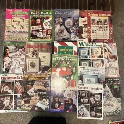 Vintage Lot of 16 Leisure Arts Cross Stitch Leaflets & Books Various Themes A