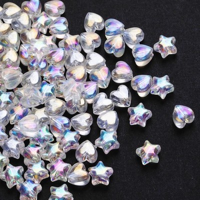 Prasacco 100 Stück Acryl Sterne Herz Perlen Set, bunt breit, transparent 
