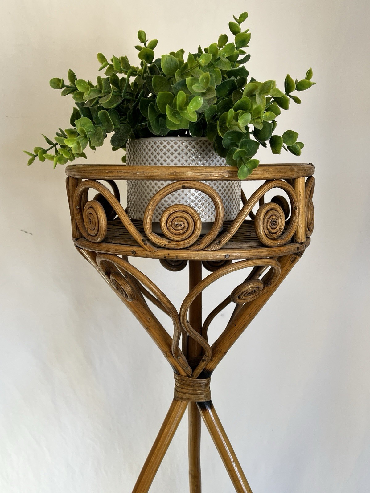 Vintage Bamboo Rattan Plant Stand Boho and Midcentury Charm