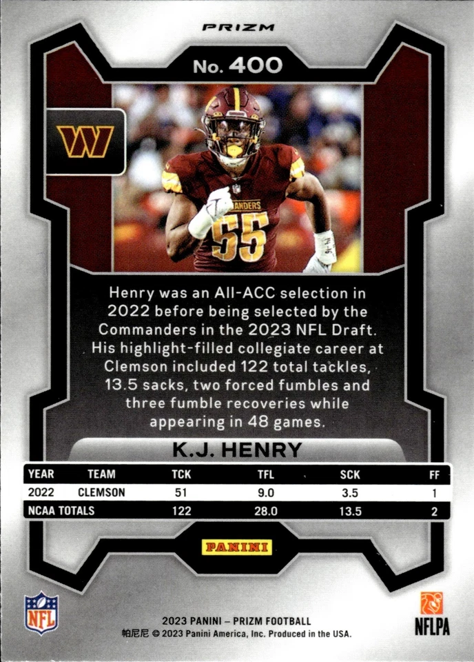 2023 Panini Prizm - Rookies K.J. Henry #400 Silver Prizm (RC) - Image 2 of 2