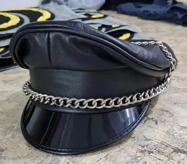 Leather Muir Peaked Cap with Chain | Biker Officer BLUF Hat
Opens in a new window or tab