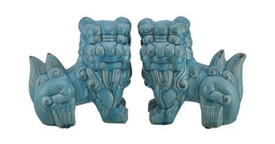 Scratch & Dent Set of 2 Blue Ceramic Vintage Finish Foo Dog Statues