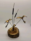MCM Brass Birds w/Cattails in Flight Decor on Wood Base — photo 5