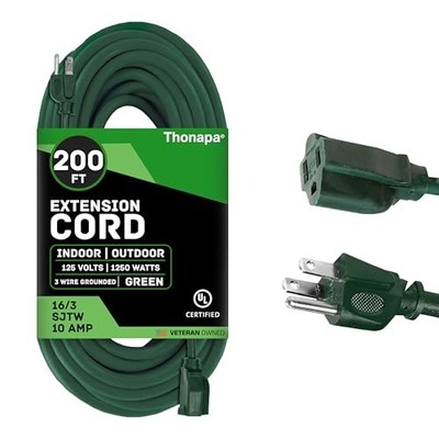 Thonapa Green Outdoor Extension Cord 200 FT- 16/3 SJTW Weatherproof Extra Long E