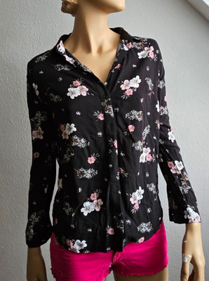 Divided HM Damen Bluse Schwarz Blumen Muster Gr 32 XXS Floral Top inkl VERSAND