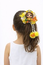 Girls Hair Bow Clip Cute Yellow Doll Pom Pom Kids Accessory- set of 3 pieces