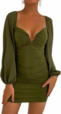 Green Ruched Mesh Sweetheart Bodycon Mini Dress Long Balloon Sleeve Size S