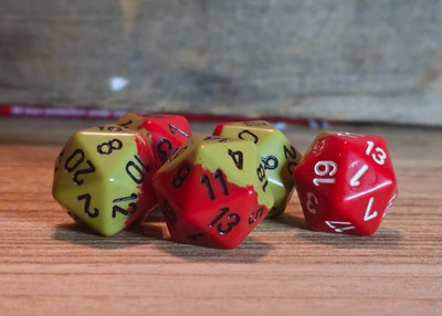Chessex Assortment of 5 D20 Dice Red Green black numbers 1 has white numbers