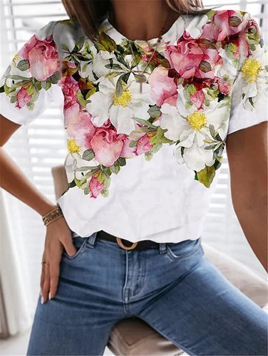 Women's Round Neck Casual Short Sleeve Blouse Ladies Summer Floral Tops T-Shirt - Picture 14 of 15
