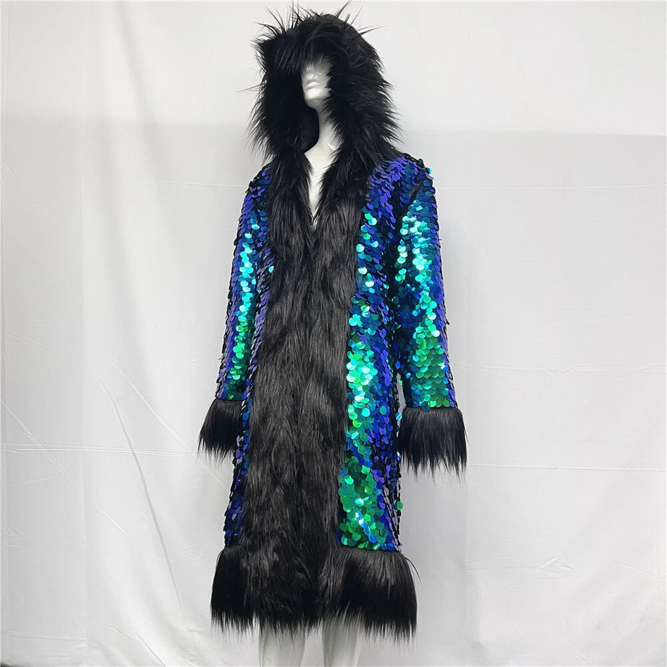 Occident American Style Womens Faux Fur Mid Long Coat Overcoat Sequin Hood 110cm - Image 4 of 4