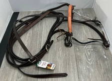 Tough1 42-3338 Dk Oil Dbl Stitch Leather Brow Headstall, Curb, Split Rein, Hack