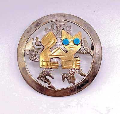 VTG Aztec Jaguar Cat Pendant Brooch Mark 925 Silver 18k Gold Peruvian c.1940-50s