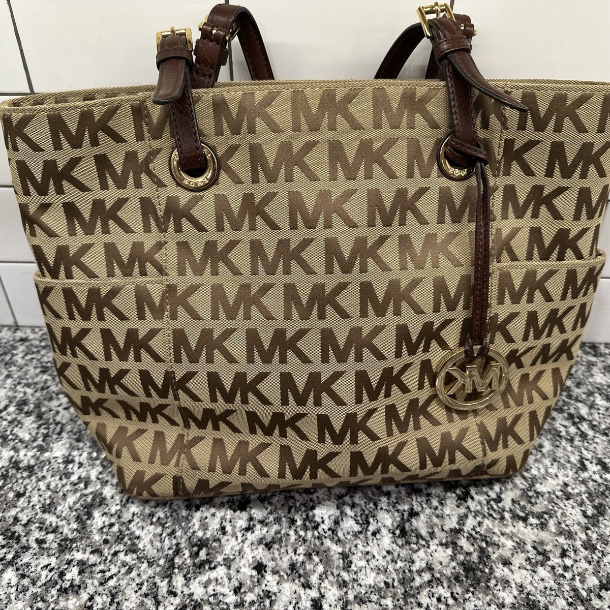 MICHAEL KORS MK Brown Canvas Signature Tote Bag Brown