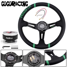 14" Black Green Deep Dish Steering Wheel w/ Quick Release Adapter - Horn Button