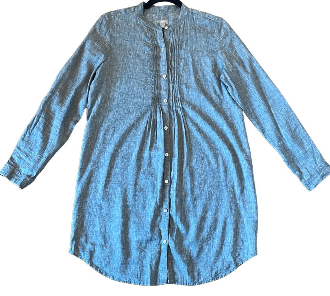 blue linen pleat front shirt dress xs - Main Image