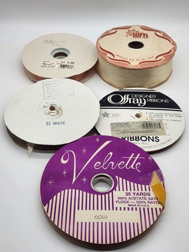 Vintage Lot Of 5 Spools Satin/Velvet Ribbon Decor Crafts Variety - Picture 5 of 10