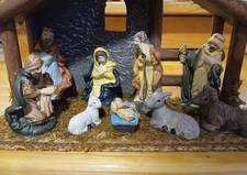 Vintage Nativity Set Wood Moss Stable Complete Ceramic Set Removable Baby Jesus
