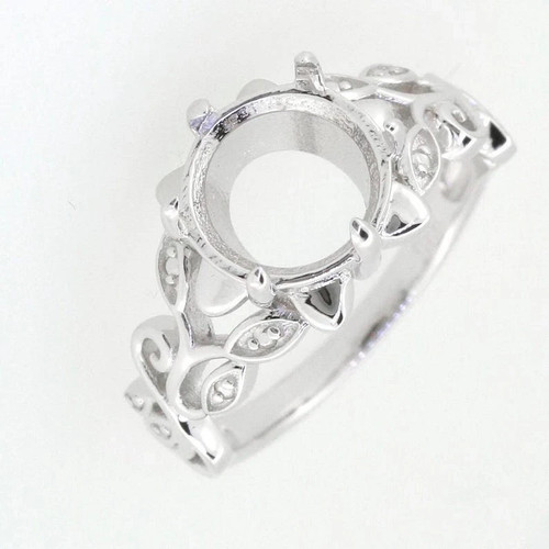 925 Sterling Silver 8mm Round Semi Mount Ring Filigree Leaf Art Deco Blank Set