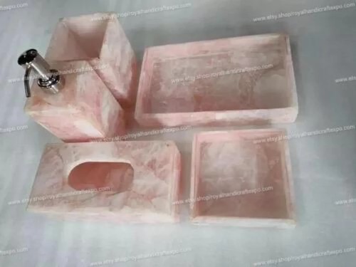 5 pc Bathroom accessories set | handcrafted | Pink | Rose Quartz | soap dispense - Picture 2 of 9