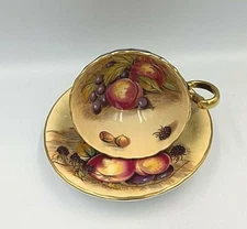AYNSLEY Fruit Orchard Teacup & Saucer Cobalt Signed D.Jones/N. Brunt EXC