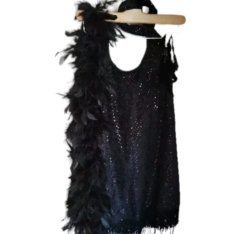 Vestido Roaring Años 20 Negro Aleta Con Diadema Y Boa Lentejuelas Talla Pequeña Foto 2 de 4