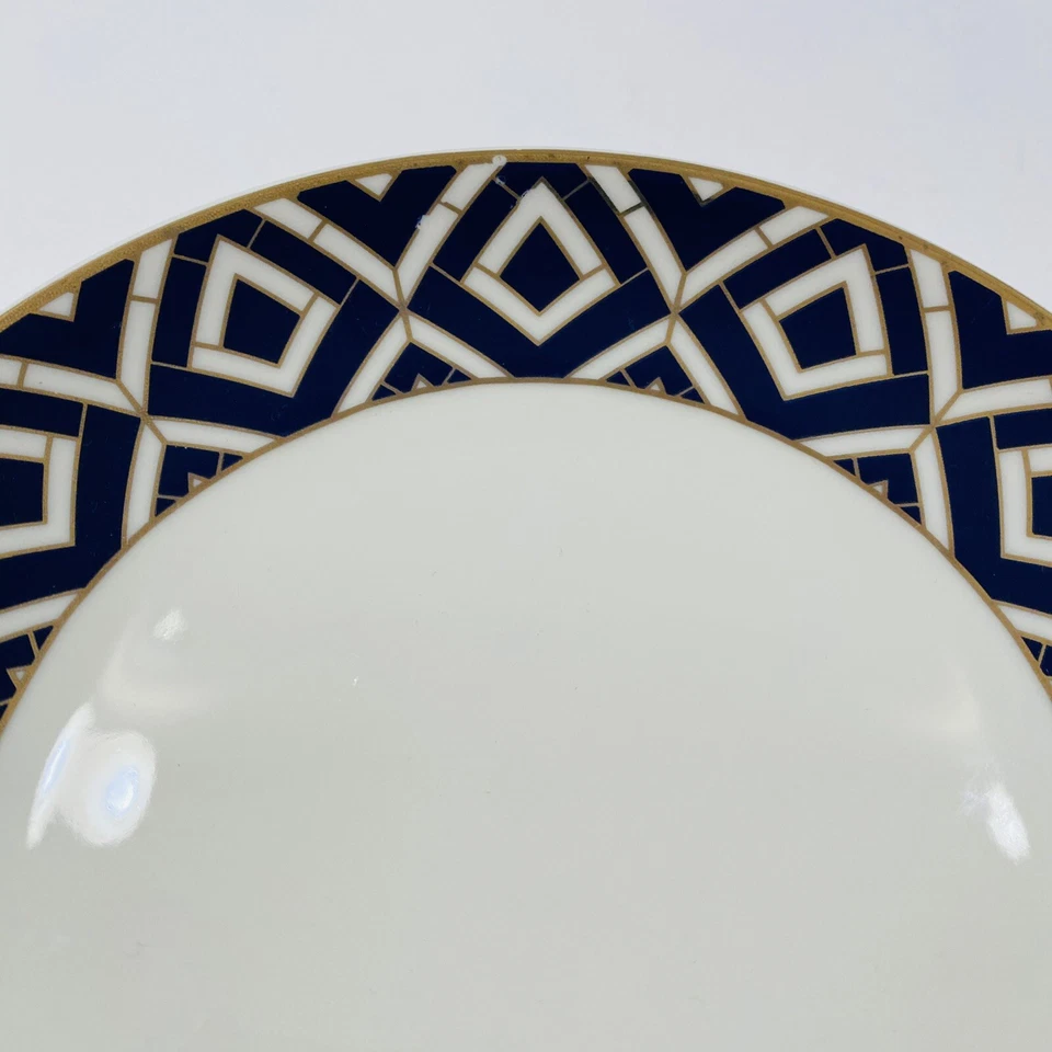 Juego de 4 platos de porcelana fina azul marino y dorado con patrón geométrico ensalada desierto Foto 3 de 4
