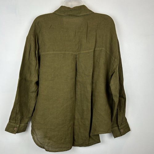 Zara Top Womens S Linen Tunic Wood Buttons Long Sleeve Army Green Oversized - Picture 2 of 7