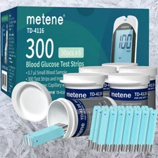 Box 300 Count Metene TD-4116 Blood Glucose Test Strips for Diabetes / Exp 2026