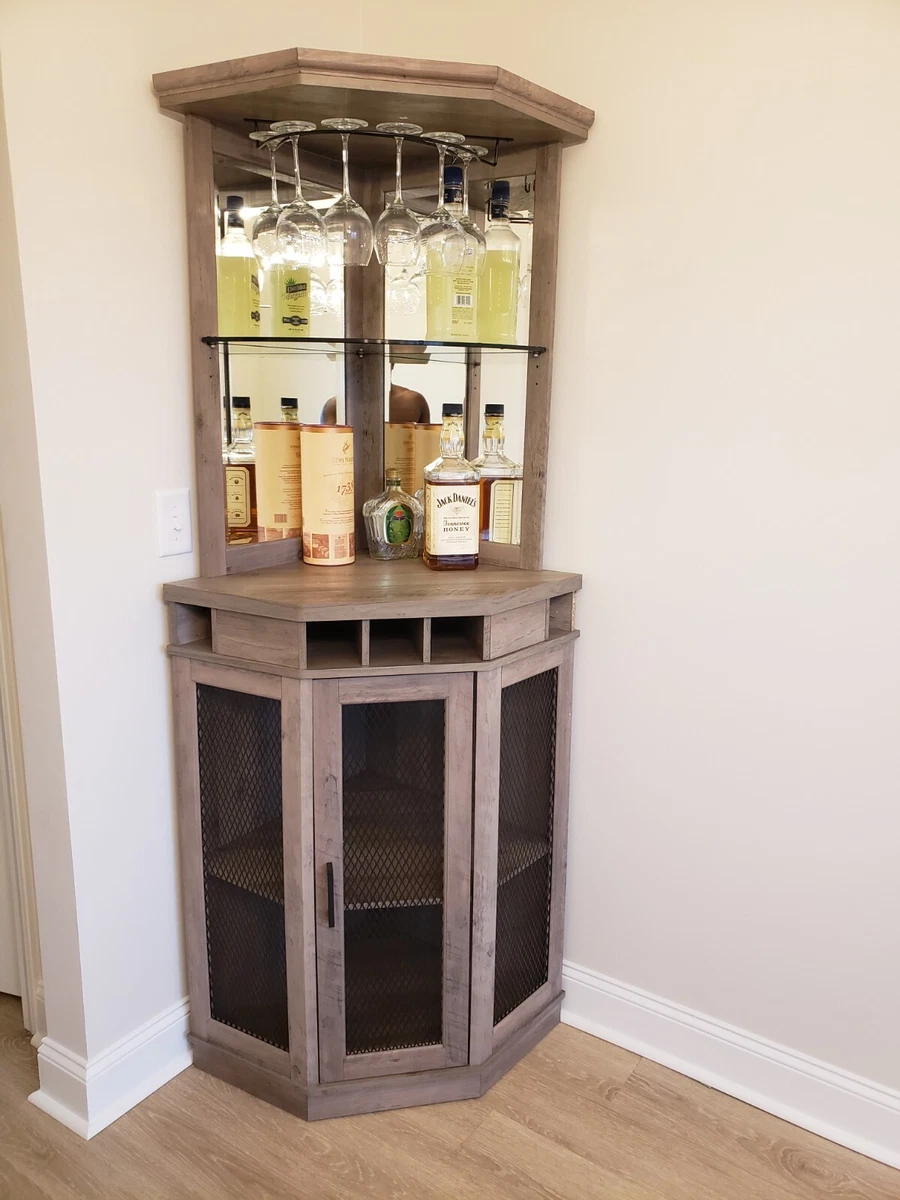 Corner Home Mini Bar Gray Wood Liquor Wine Cabinet with Stem Rack