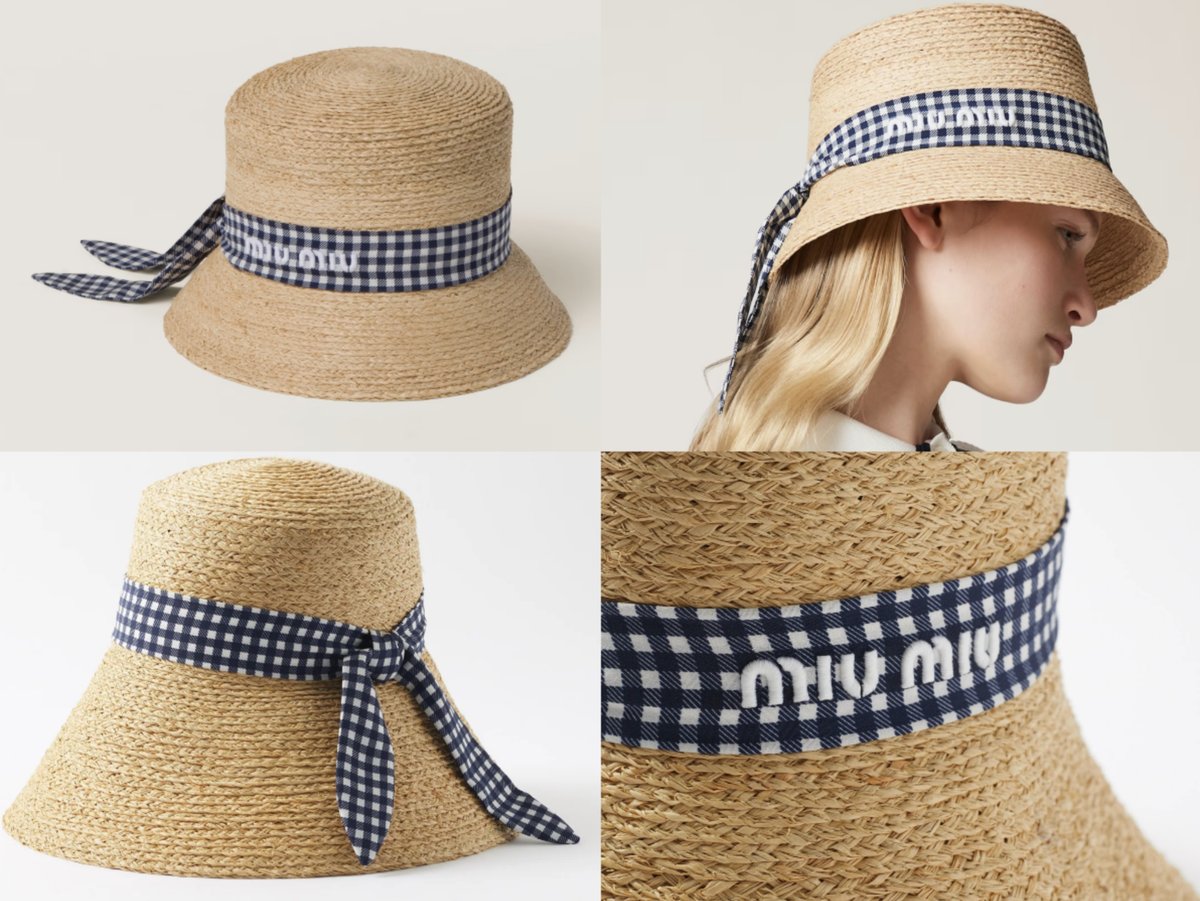 Miu Miu Gingham Fisherman Hat Raffia Bucket Hat Rustic With