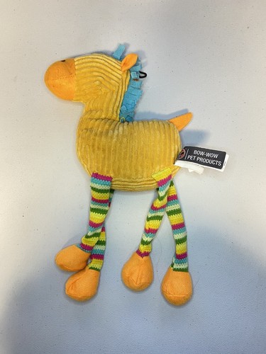 USED plush dog toy - squeaker doesn't work - yellow rainbow zebra BOW WOW - Picture 3 of 4