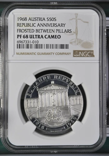 1968 Austria Silver 50 Schilling Frosted Between Pillars - NGC PF 68 UC